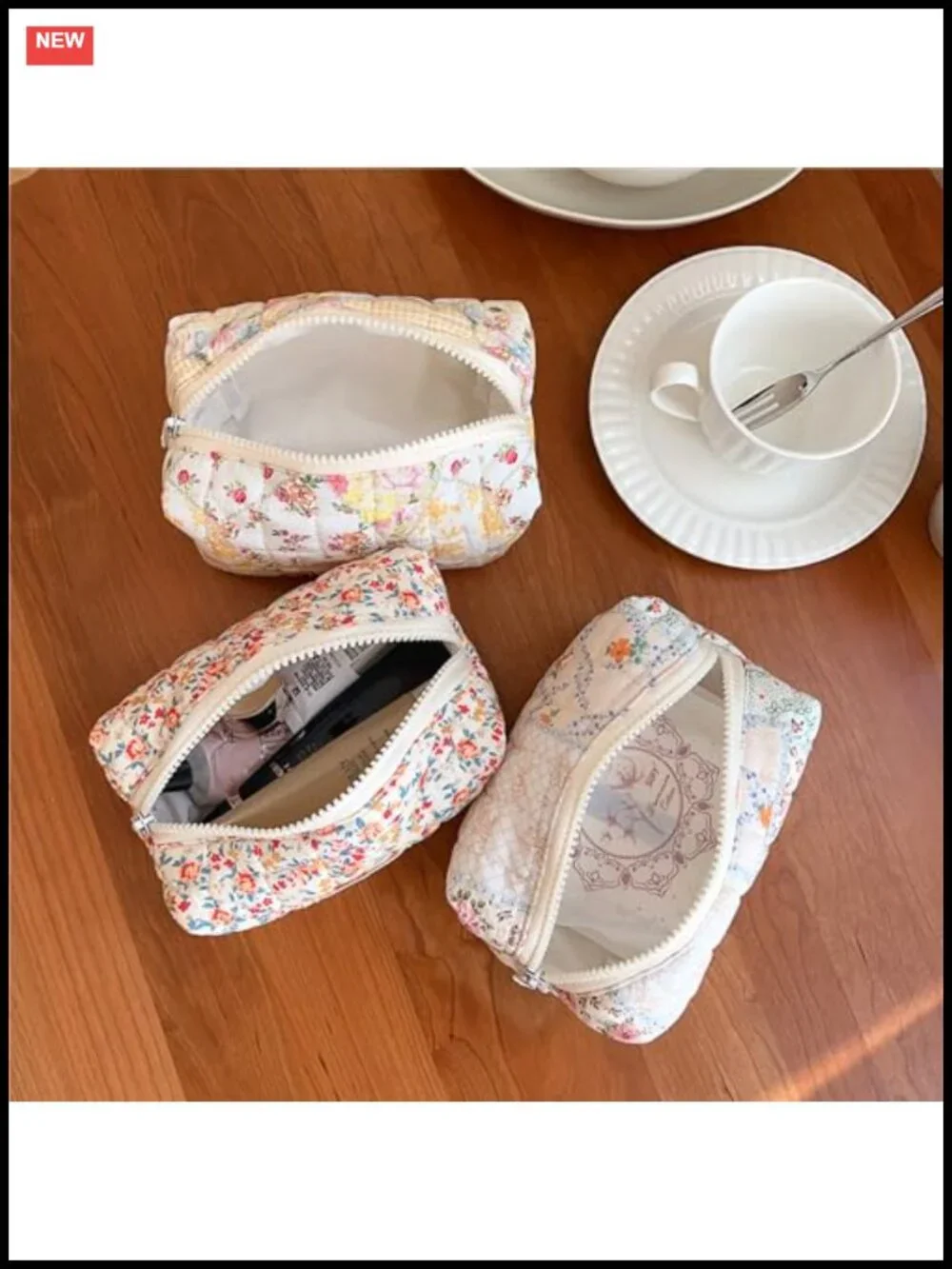 2 Piece Floral Quilted Makeup Bag Set, Large & Small Cotton Travel Toiletry